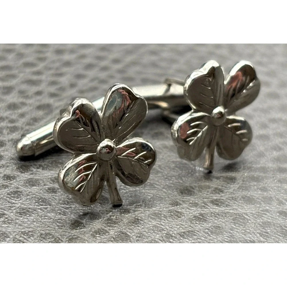 Vintage Shamrock Clover Silver Tone Cufflinks Men's Formal Wear